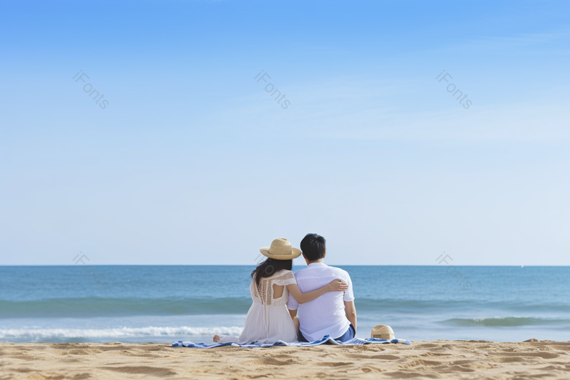 年轻情侣沙滩看海浪漫背影夏日,高清,摄影图,摄影图片,图片大全,摄影图免费下载